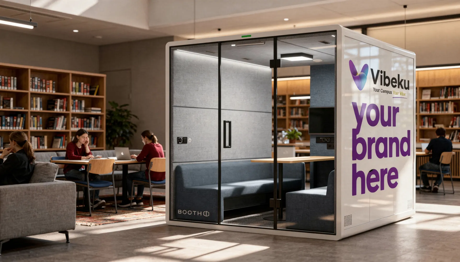 A branded Vibeku Pod inside a university library — students studying nearby