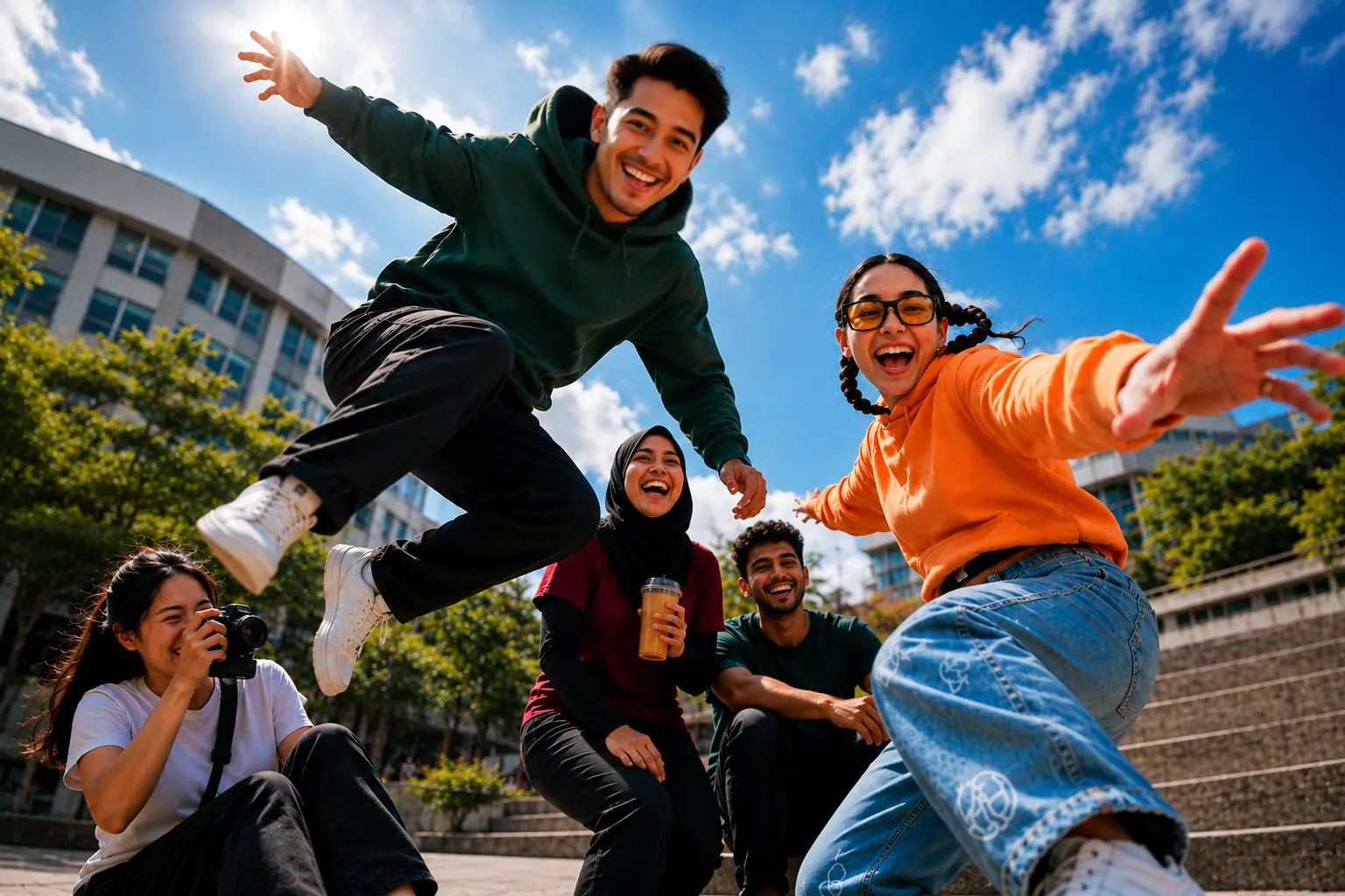 University students jumping and laughing on campus steps, one photographing the group